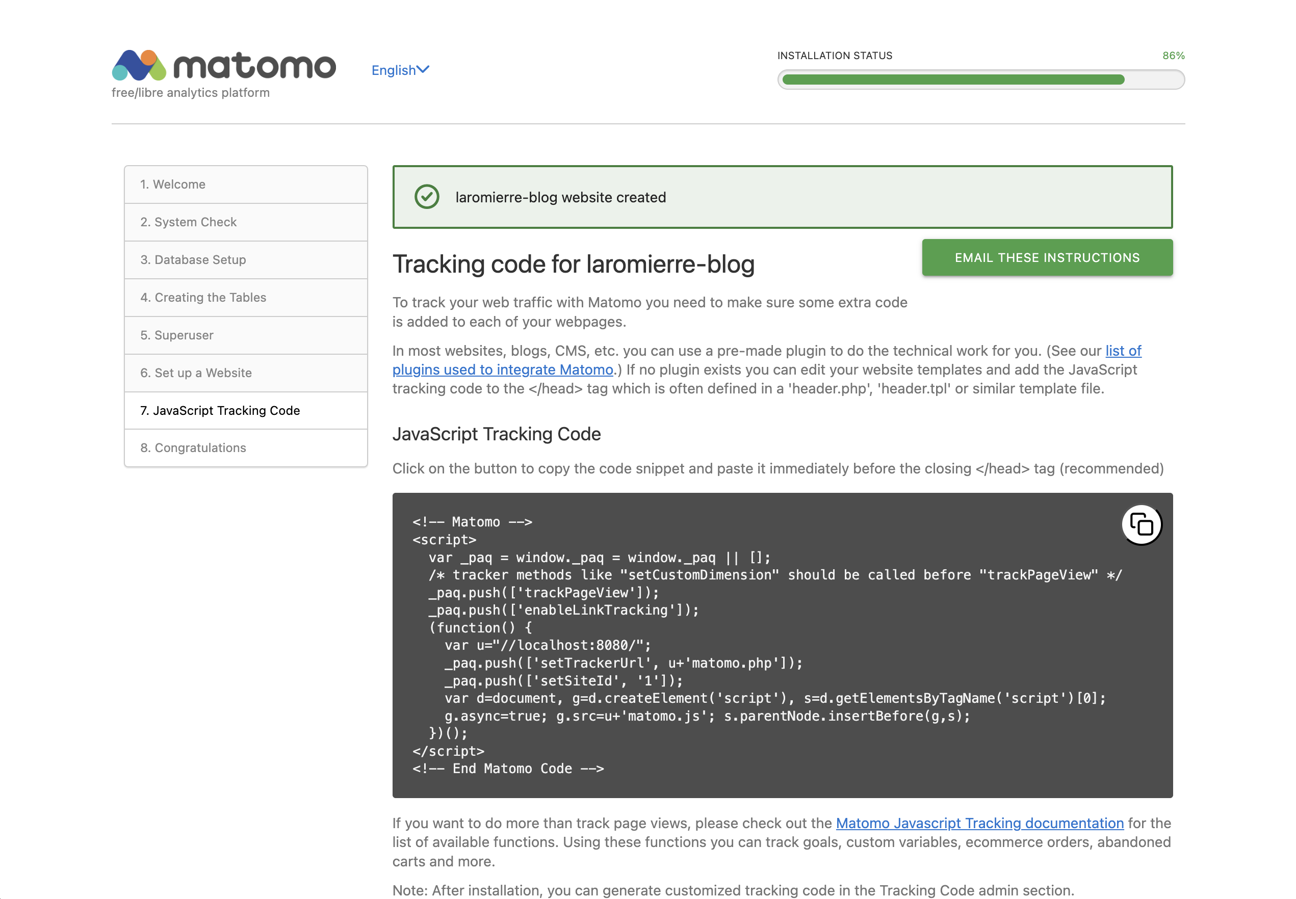 Last step of the Matomo setup funnel, including the code snippet to include to the website to track
